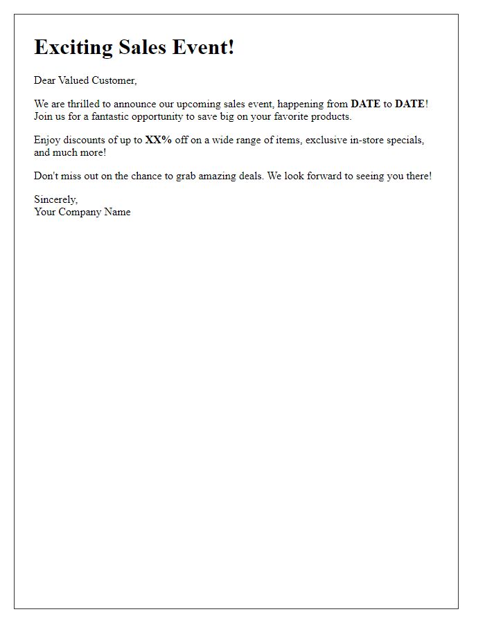 Letter template of notice regarding our exciting sales event for customers