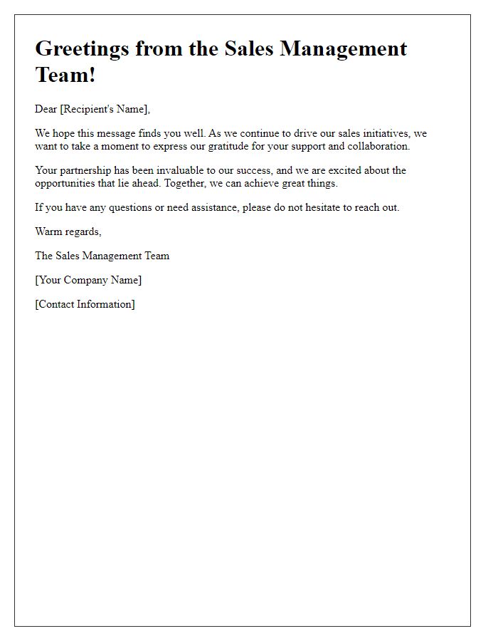 Letter template of greetings from the sales management team.