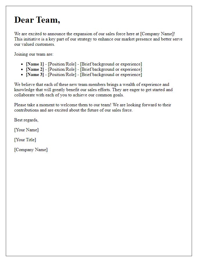 Letter template of introduction to our expanded sales force.