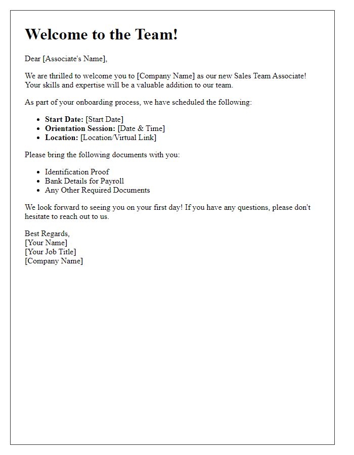 Letter template of onboarding for new sales team associates.