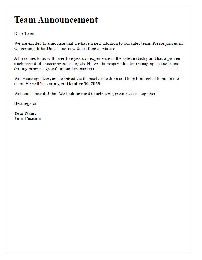 Letter template of team announcement for new sales staff.