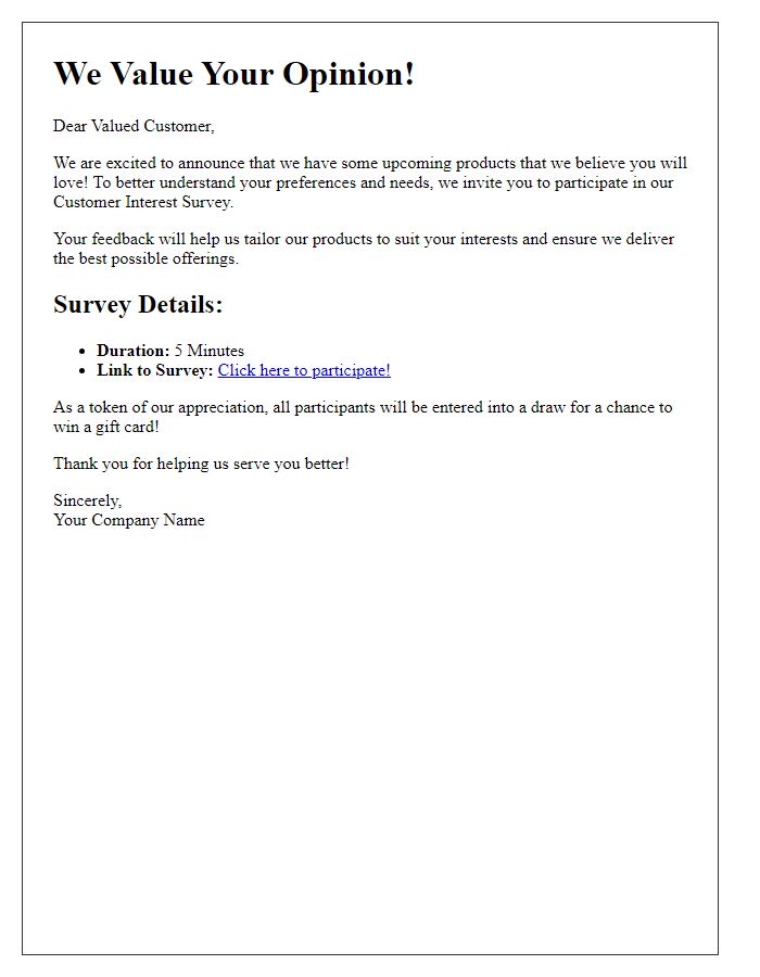 Letter template of customer interest survey invite for upcoming products