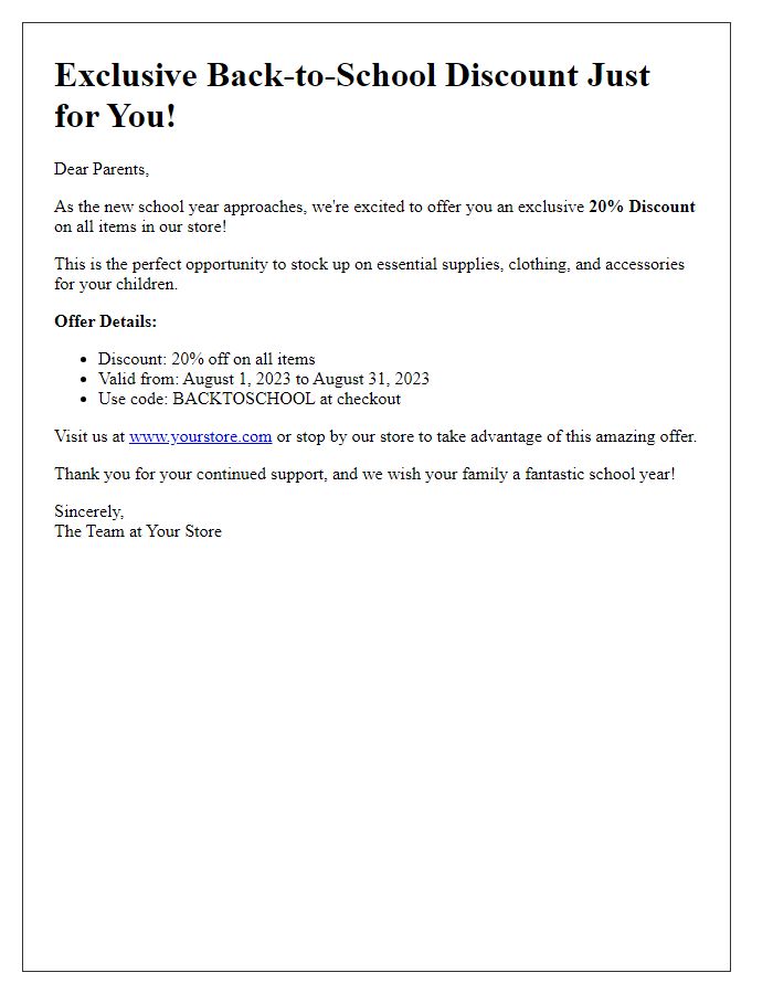 Letter template of back-to-school discount offer for parents