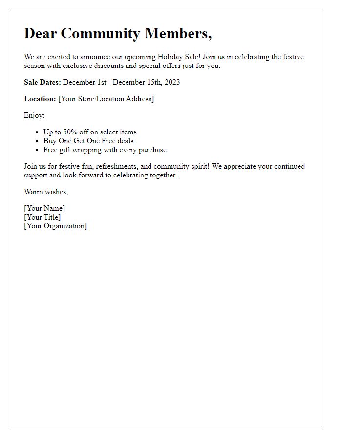 Letter template of holiday sale notification for community members
