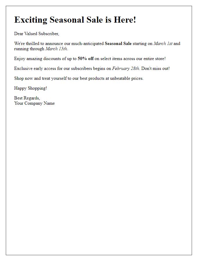 Letter template of seasonal sale notification for subscribers