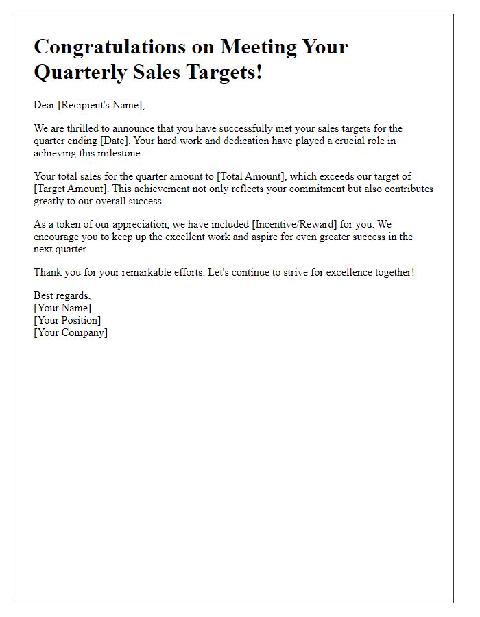 Letter template of quarterly sales targets success notification