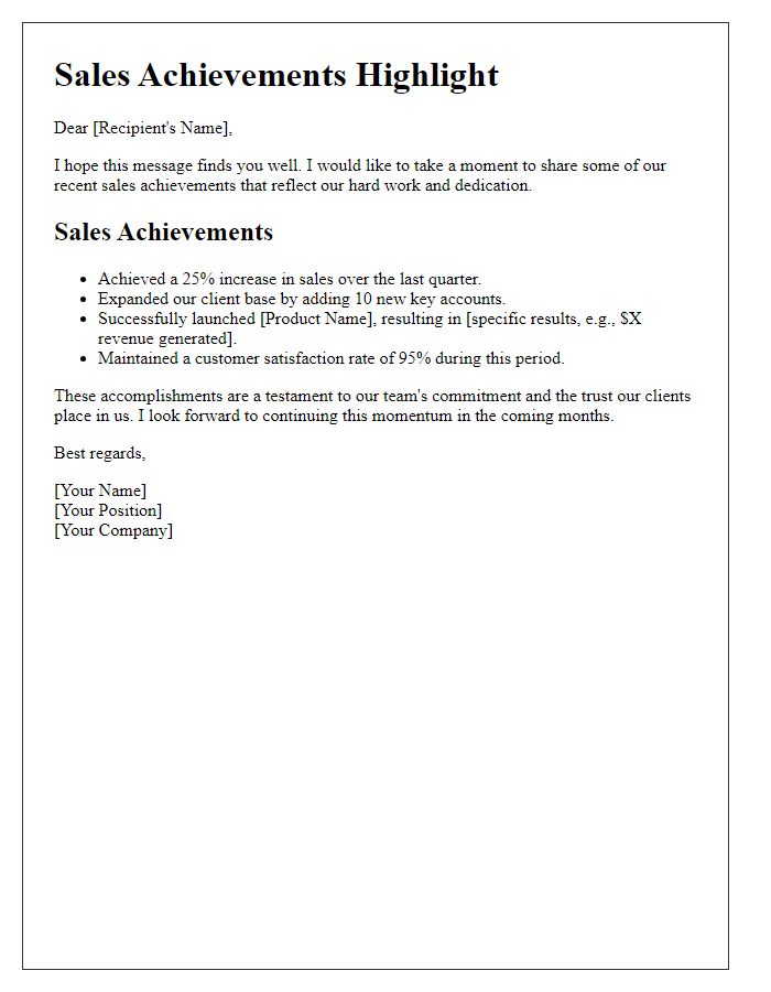 Letter template of sales achievements highlight