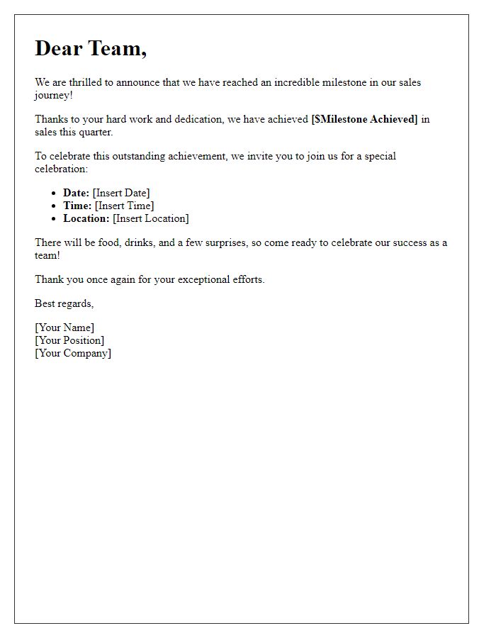 Letter template of sales milestones celebration announcement