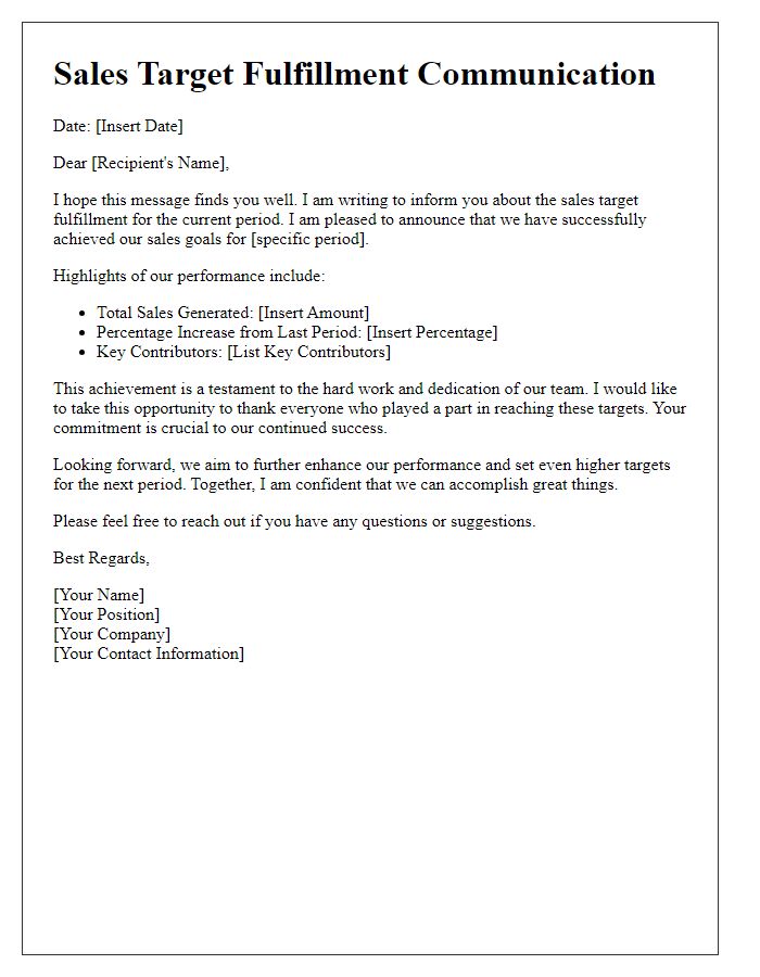 Letter template of sales target fulfillment communication