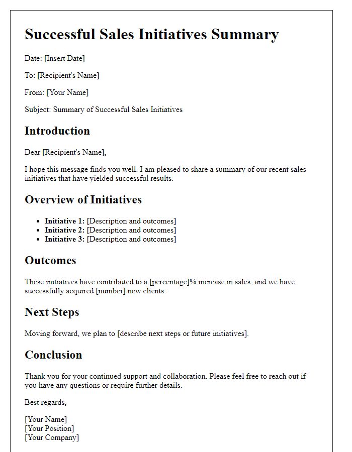 Letter template of successful sales initiatives summary