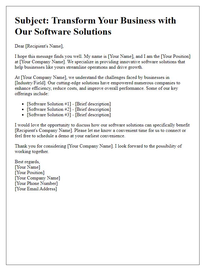 Letter template of B2B sales introduction for software solutions.