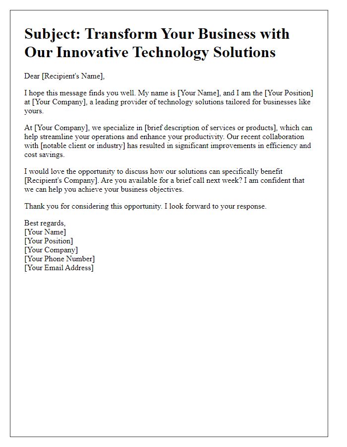 Letter template of B2B sales introduction for technology firms.