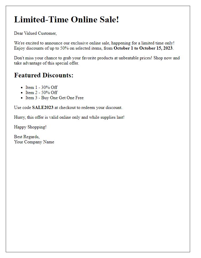 Letter template of Limited-Time Online Sale Announcement