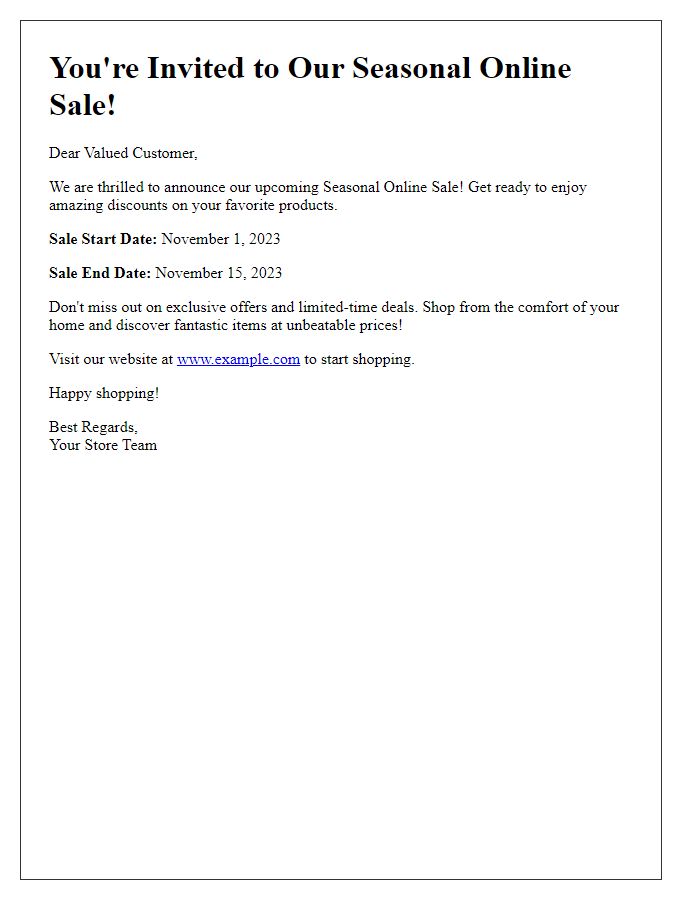 Letter template of Seasonal Online Sale Invitation