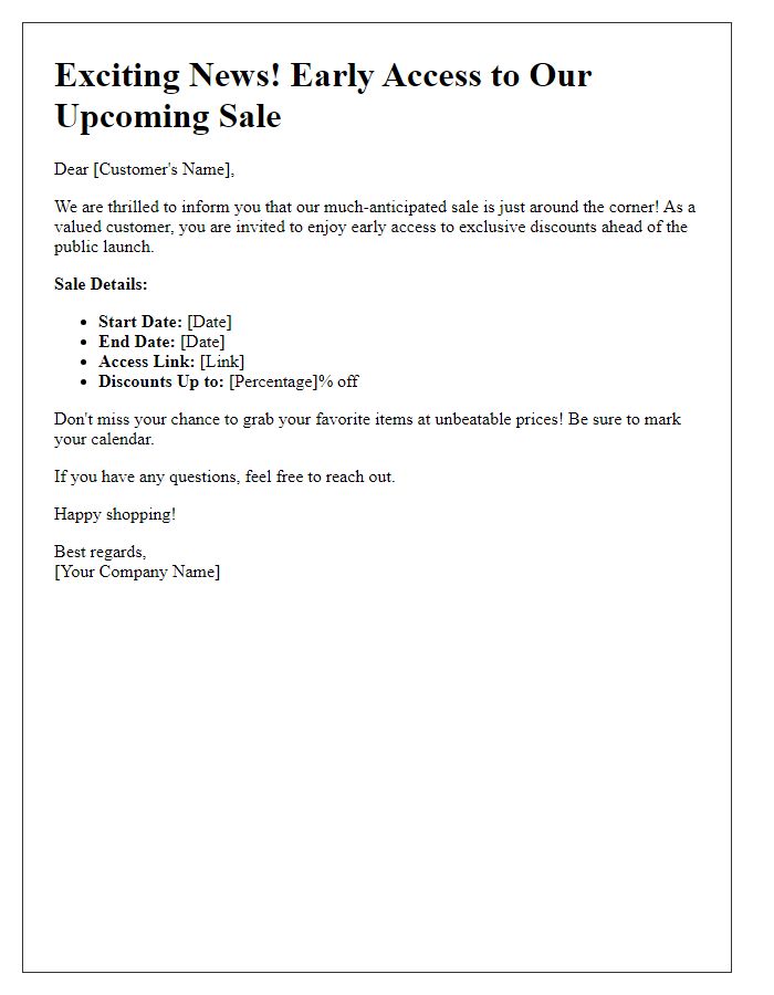 Letter template of Early Access Notification for Upcoming Sale