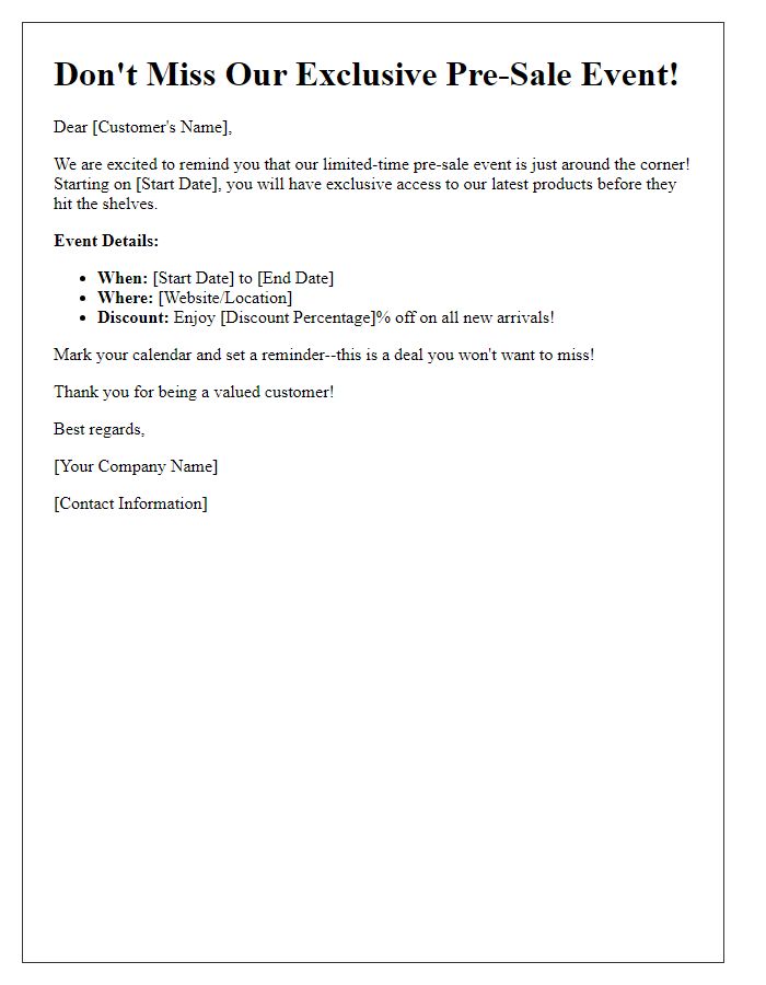 Letter template of Limited-Time Pre-Sale Event Reminder