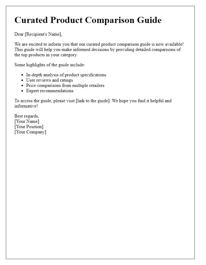 Letter template of curated product comparison guide availability