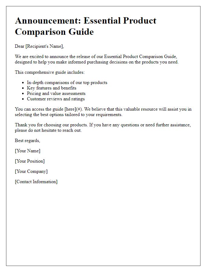 Letter template of essential product comparison guide announcement