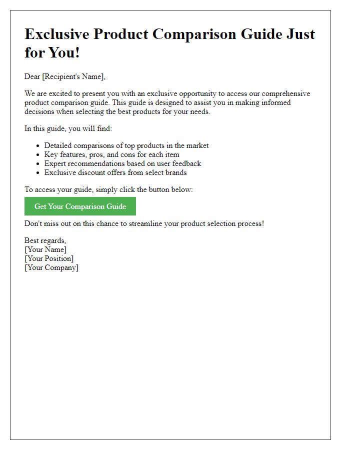 Letter template of exclusive product comparison guide offer