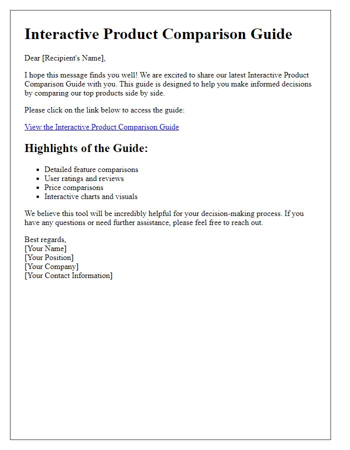 Letter template of interactive product comparison guide sharing