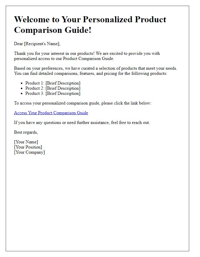 Letter template of personalized product comparison guide access