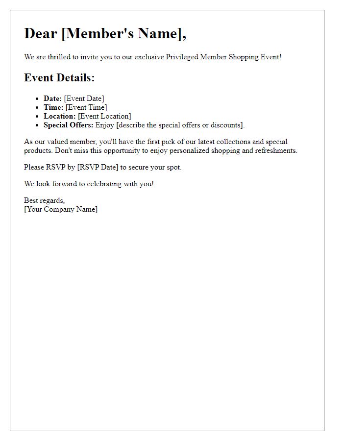 Letter template of details for privileged member shopping event