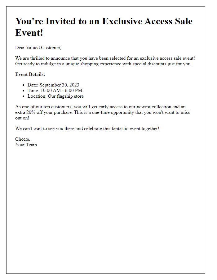 Letter template of excitement for exclusive access sale event