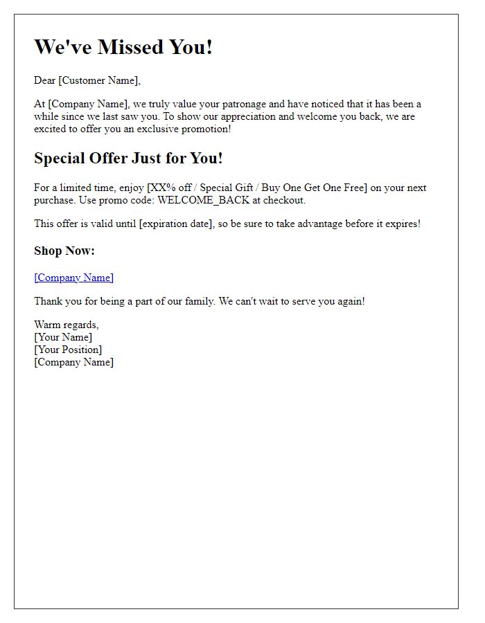 Letter template of exclusive promotion for lapsed customers.