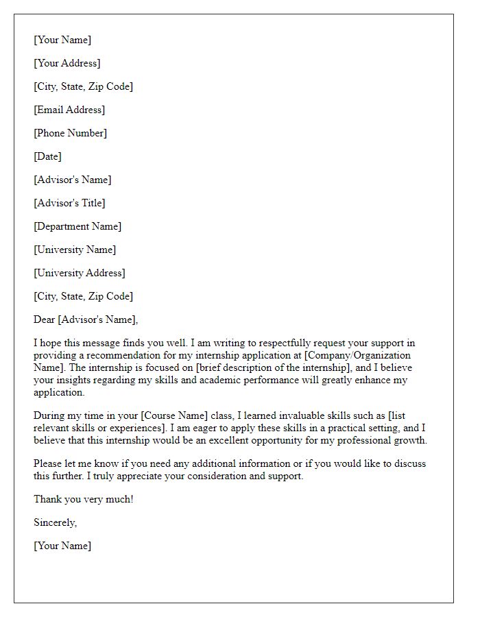Letter template of petition for internship recommendation from an academic advisor