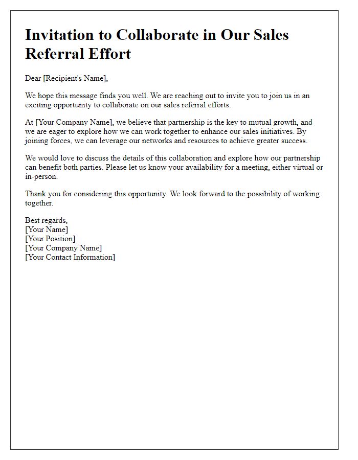 Letter template of invitation to collaborate in our sales referral effort