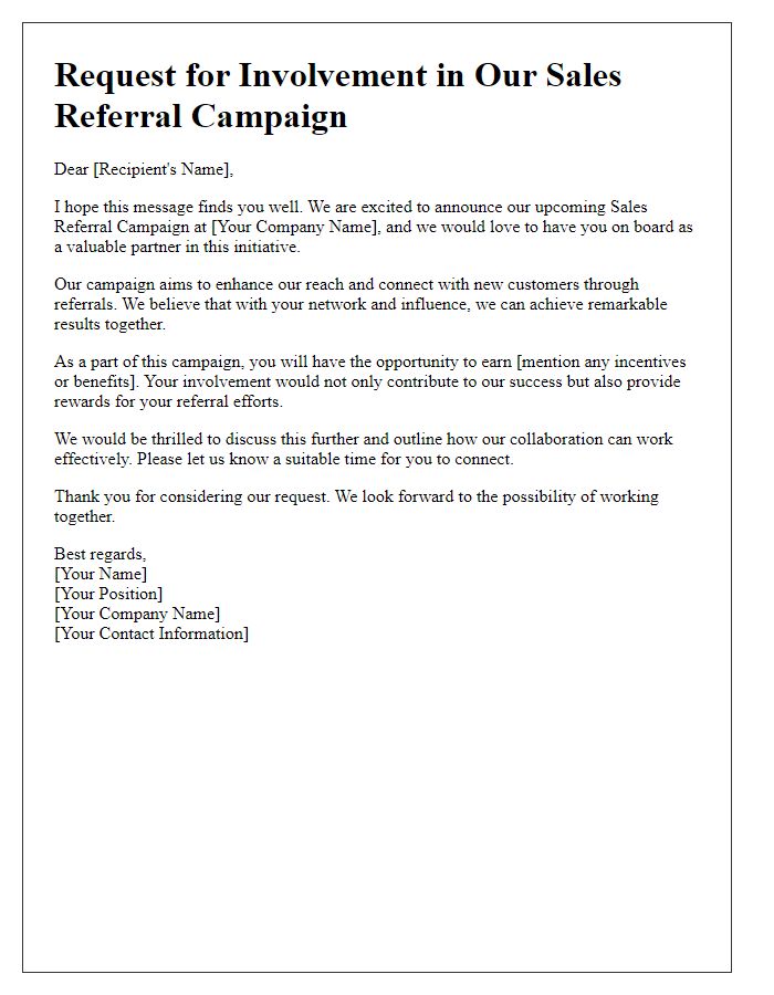 Letter template of requesting your involvement in our sales referral campaign