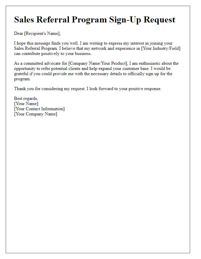 Letter template of sales referral program sign-up request