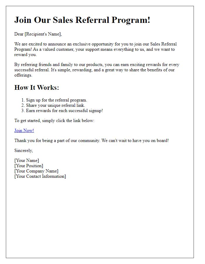 Letter template of your chance to join our sales referral program