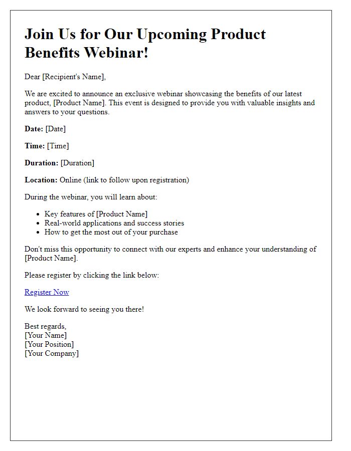 Letter template of announcement for an upcoming product benefits webinar