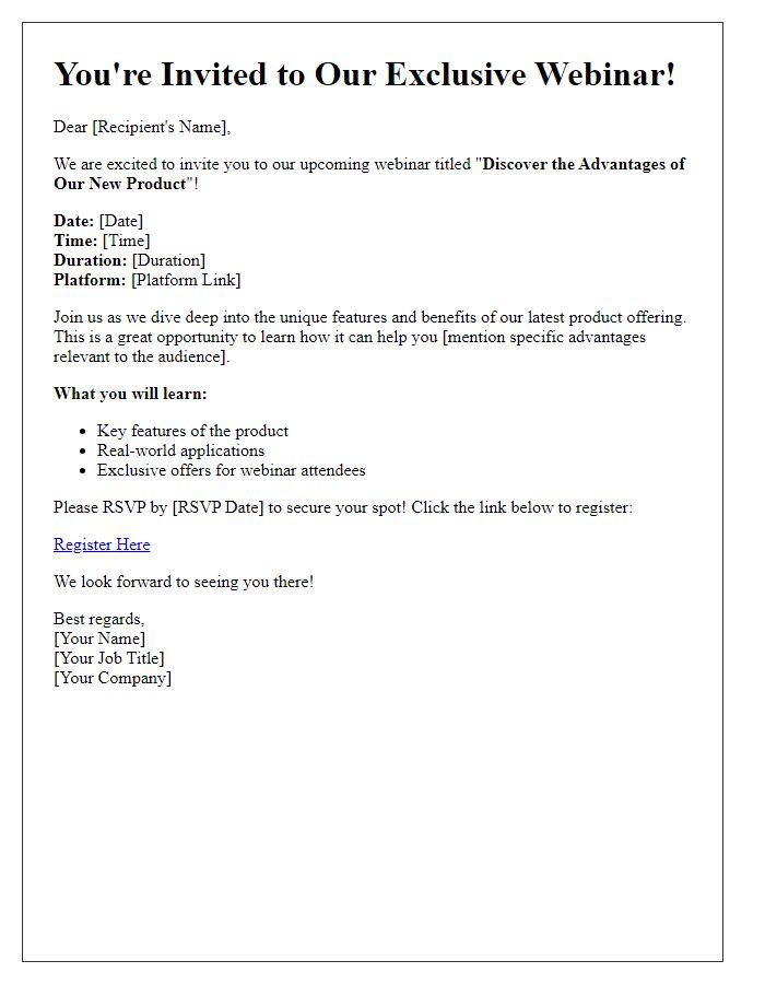 Letter template of invitation to a webinar on product advantages