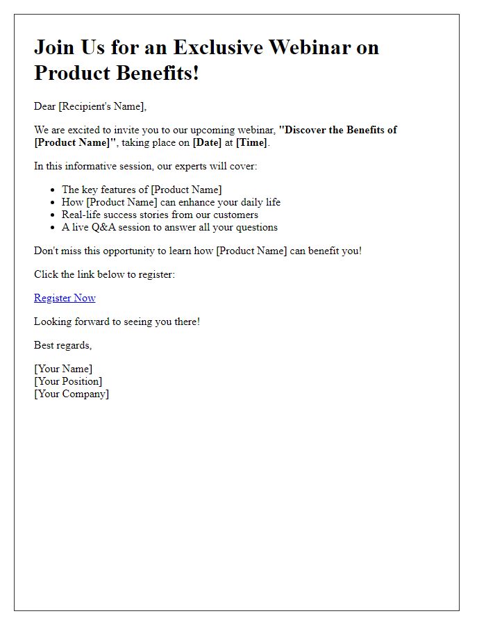 Letter template of promotional email for a product benefits webinar