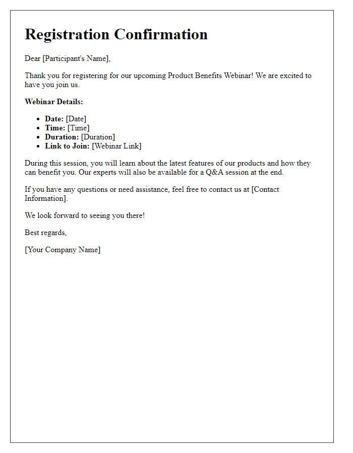 Letter template of registration confirmation for the product benefits webinar