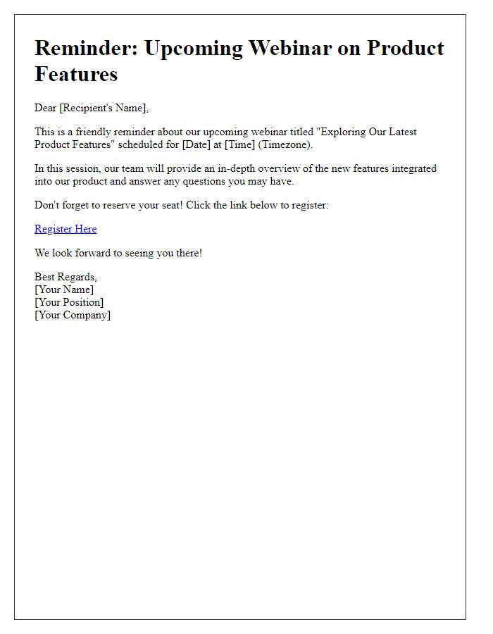 Letter template of reminder for a webinar discussing product features