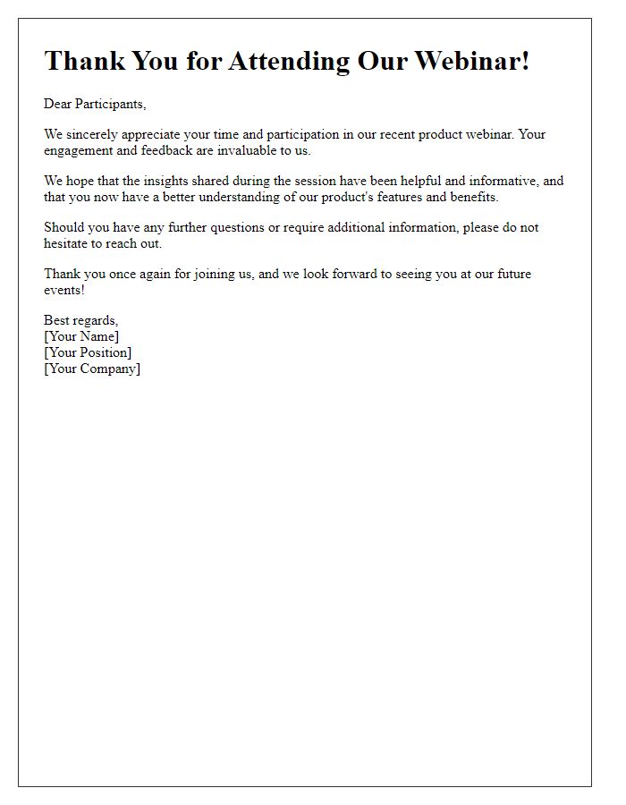 Letter template of thank you note to participants of the product webinar