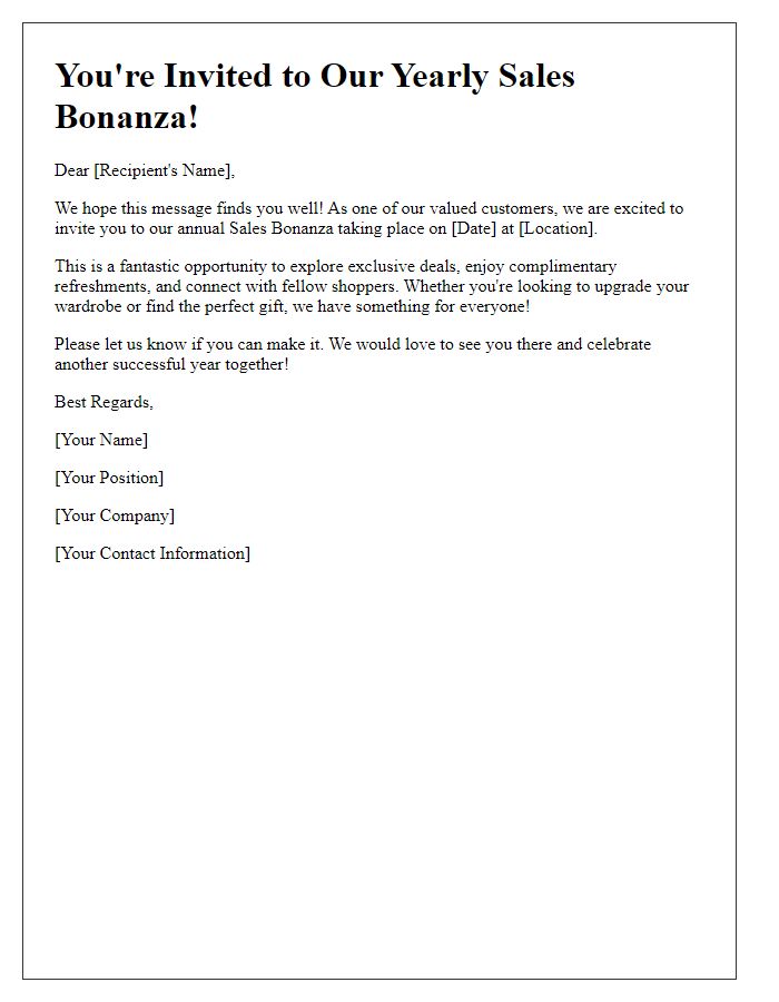 Letter template of friendly call to join our yearly sales bonanza.