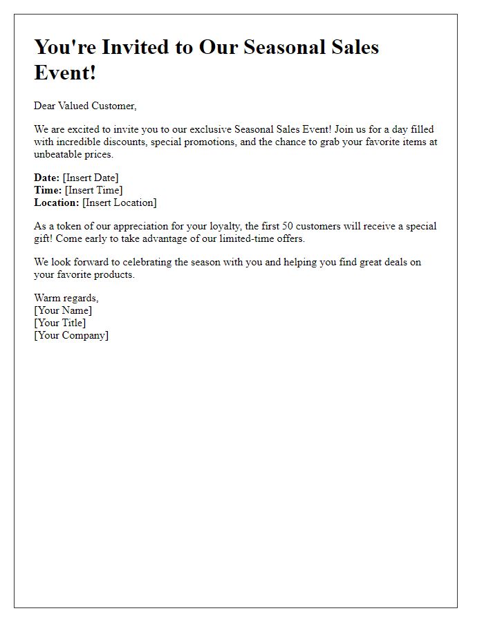 Letter template of warm invitation to our seasonal sales event.