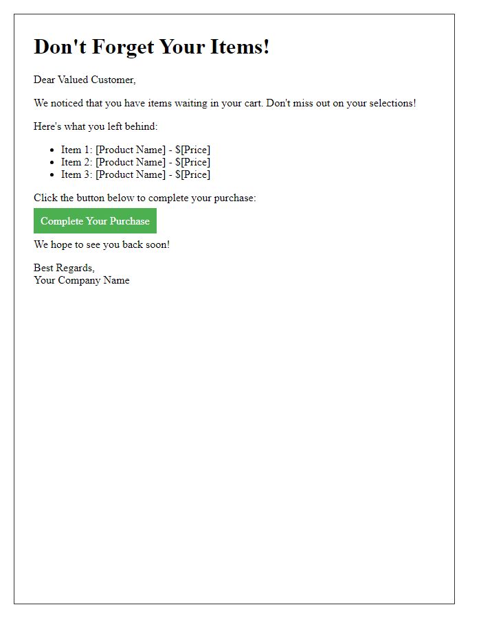 Letter template of alert for lingering cart selections