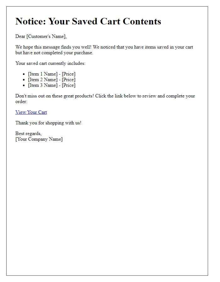 Letter template of notice regarding saved cart contents