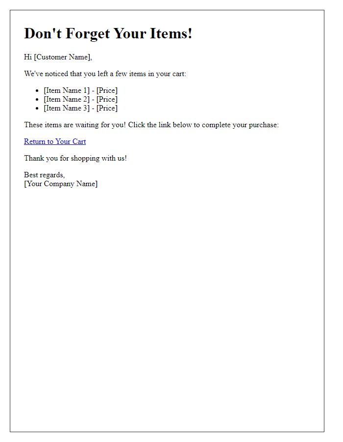 Letter template of nudge for items left in cart