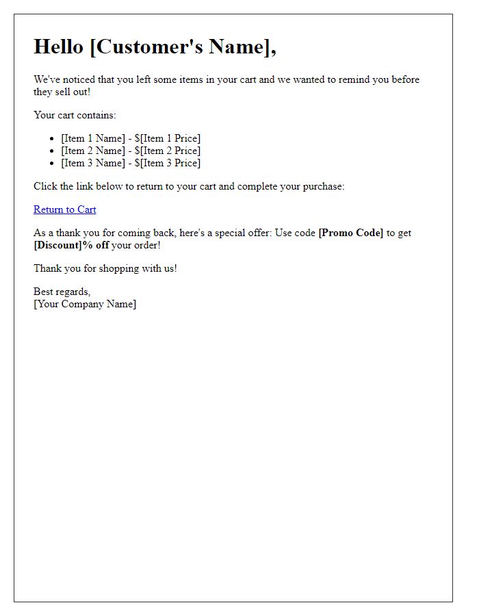 Letter template of prompt for returning to abandoned cart