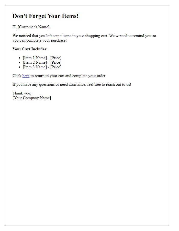 Letter template of reminder for abandoned shopping cart items