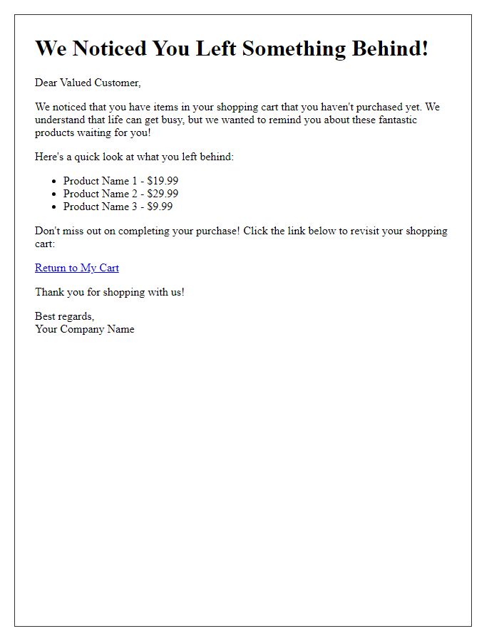 Letter template of suggestion to revisit your shopping cart