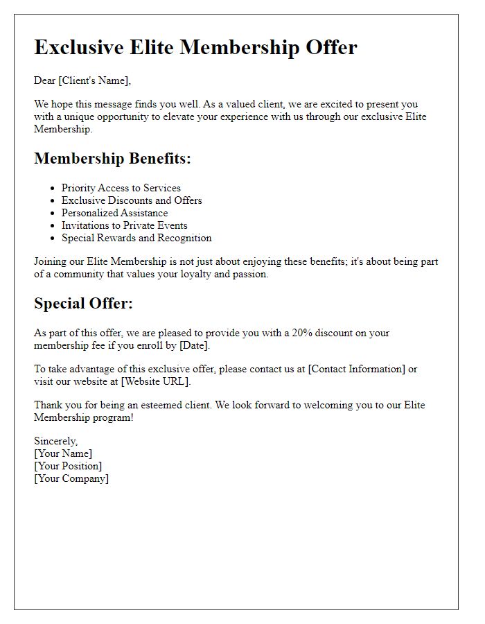 Letter template of elite membership offers for valued clients