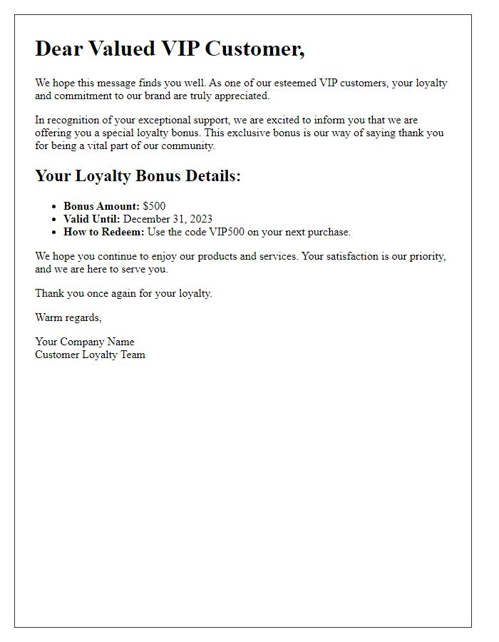 Letter template of exceptional loyalty bonuses for VIP customers