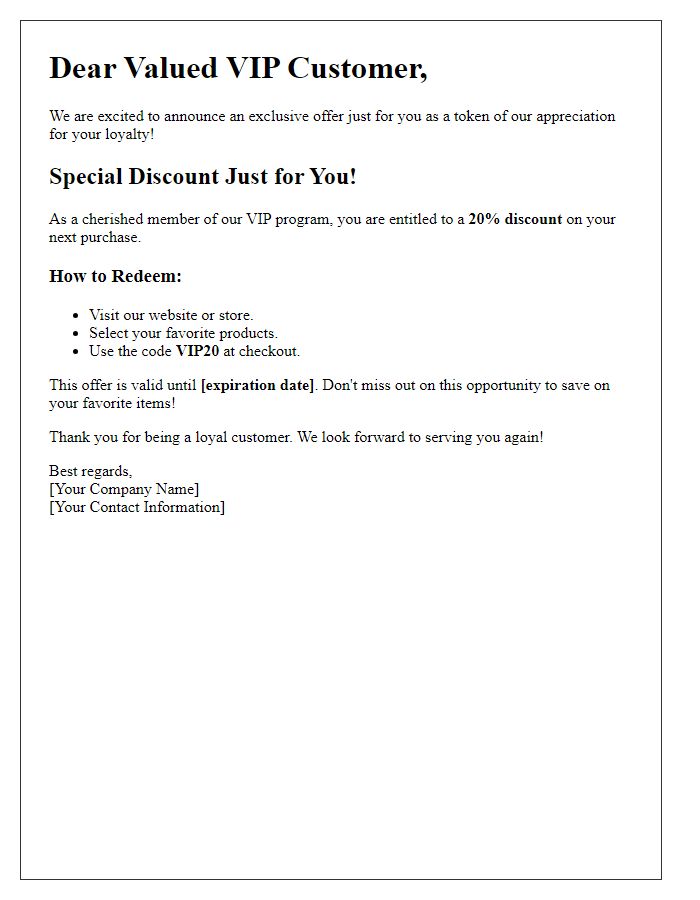 Letter template of special discounts for loyal VIP customers